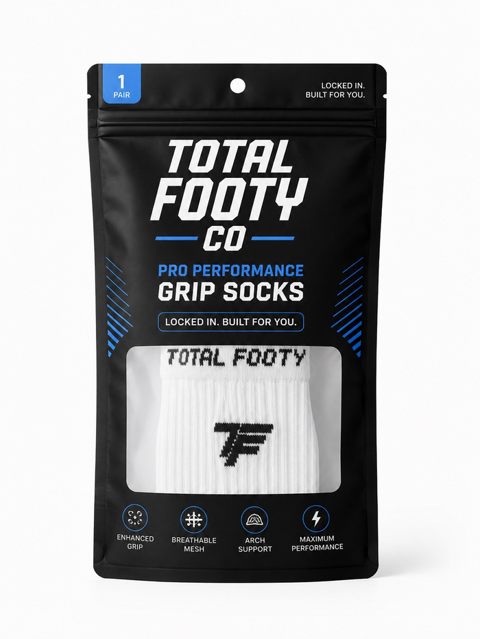Total Footy Co Pro Performance Grip Socks in branded black and electric blue packaging