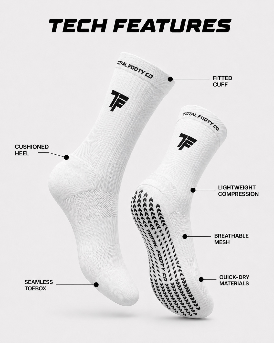 Total Footy Co tech features diagram: fitted cuff, cushioned heel, seamless toebox, lightweight compression, breathable mesh, quick-dry materials, and the 3D raised chevron grip across the sole